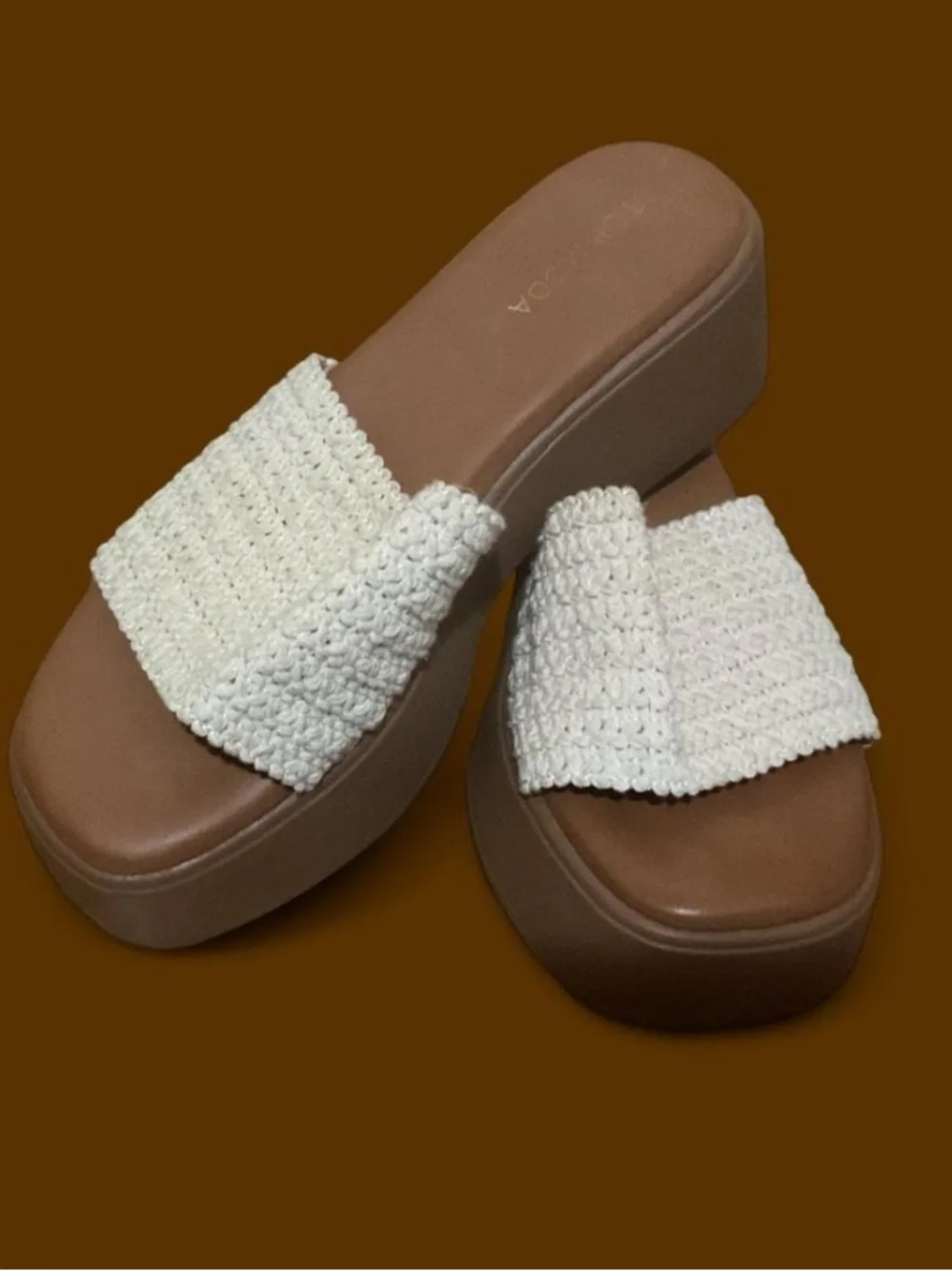 Cream Woven Platform Slide Sandals with Brown Sole